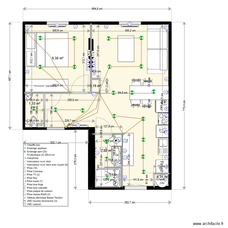 villefrance elec. Plan de 6 pièces et 40 m2