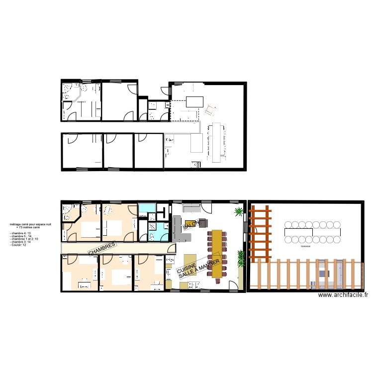 Gite espace nuit. Plan de 17 pièces et 250 m2