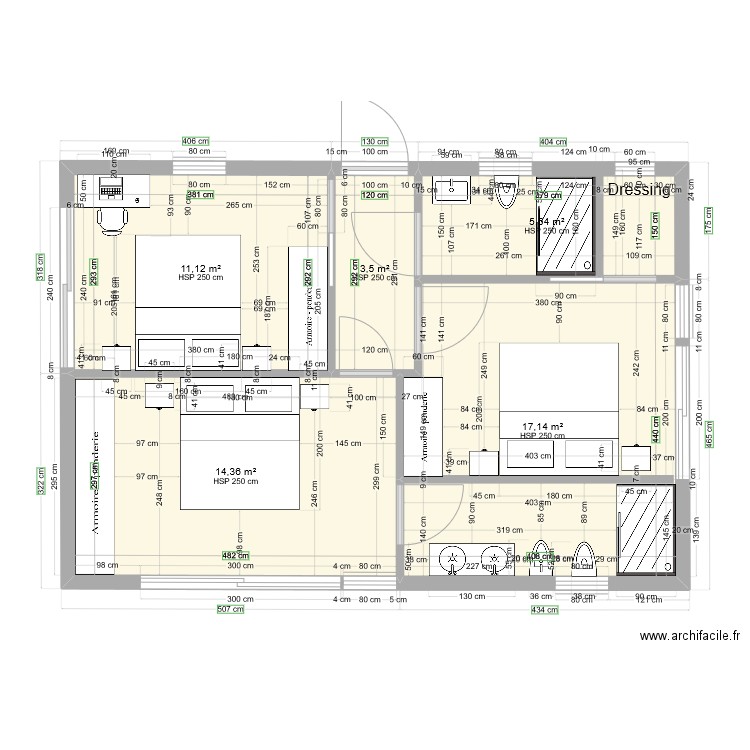 Etage surface 54m2 habitableVariante B. Plan de 5 pièces et 52 m2