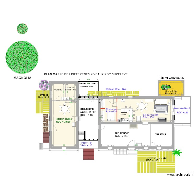 plan masse RDC avec différents niveaux déclaration de travaux. Plan de 3 pièces et 120 m2