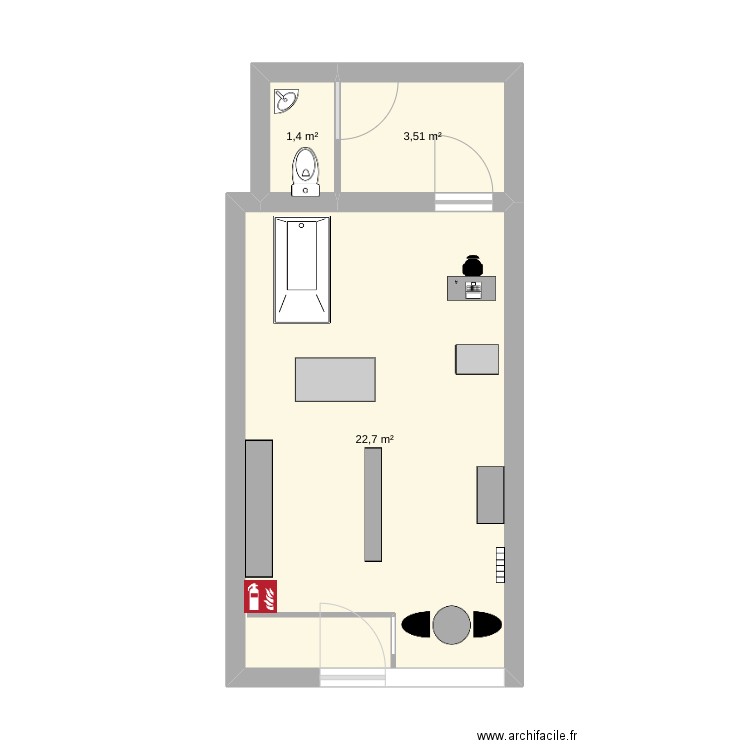 local. Plan de 3 pièces et 28 m2