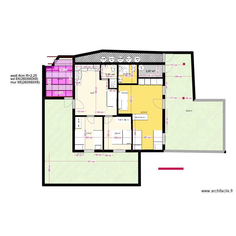 rdc gîtes état initial. Plan de 13 pièces et 164 m2