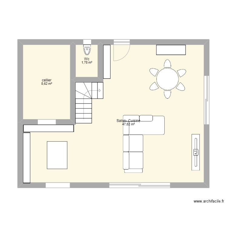 Bas . Plan de 3 pièces et 58 m2