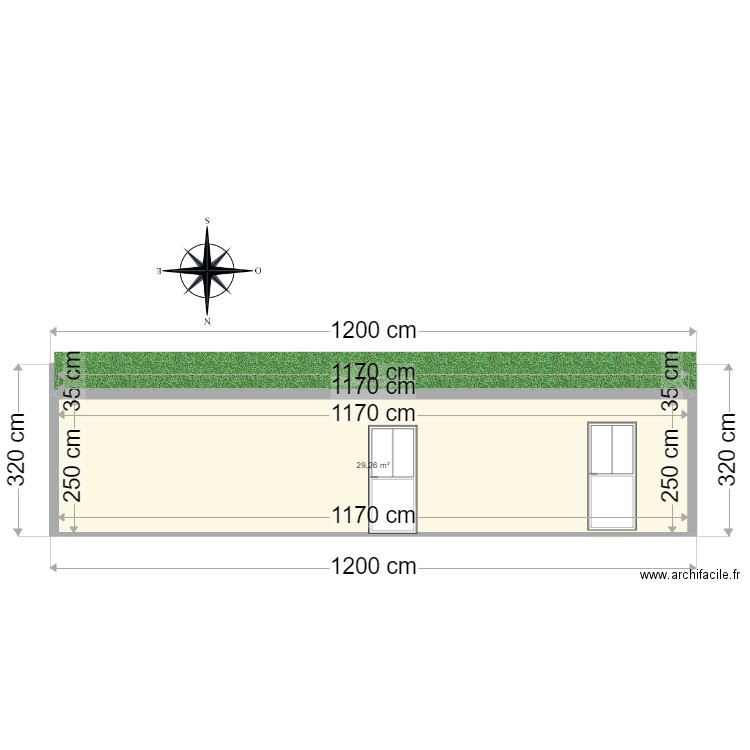 grange facade nord. Plan de 2 pièces et 33 m2