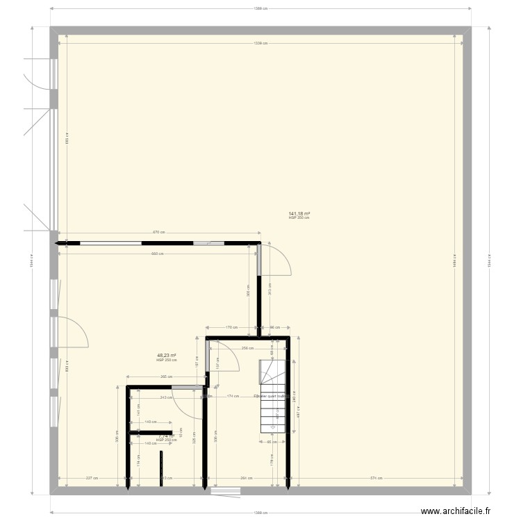 plan batiment nue apres travaux. Plan de 3 pièces et 197 m2