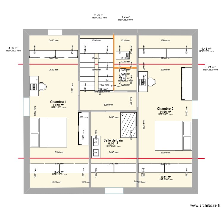 comble sans cotes. Plan de 12 pièces et 70 m2