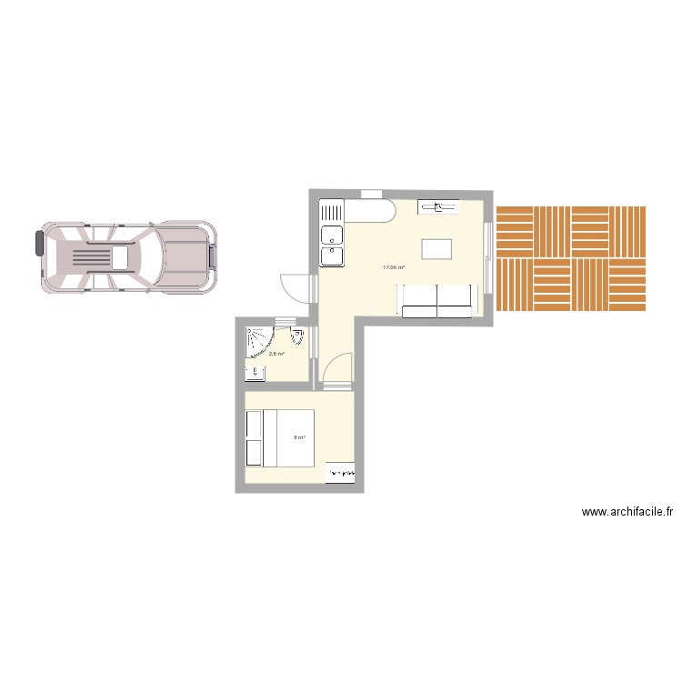 Maison hôte 2. Plan de 3 pièces et 28 m2