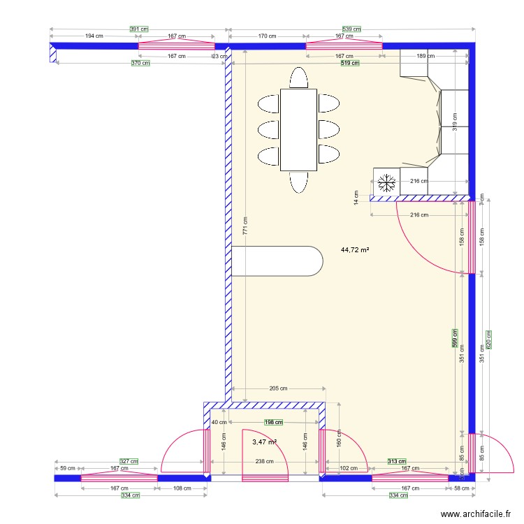 CUISINE  V 001 16 07 2021. Plan de 2 pièces et 48 m2