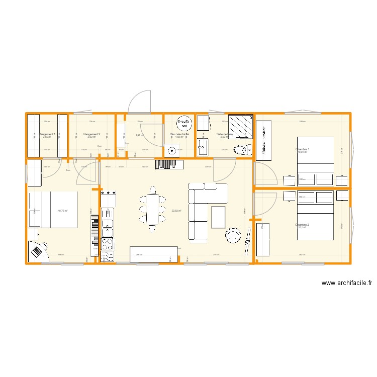 Maison campo. Plan de 9 pièces et 68 m2