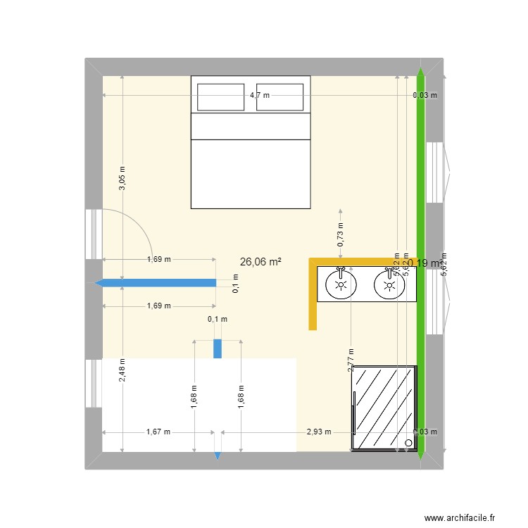 ch seb. Plan de 2 pièces et 26 m2