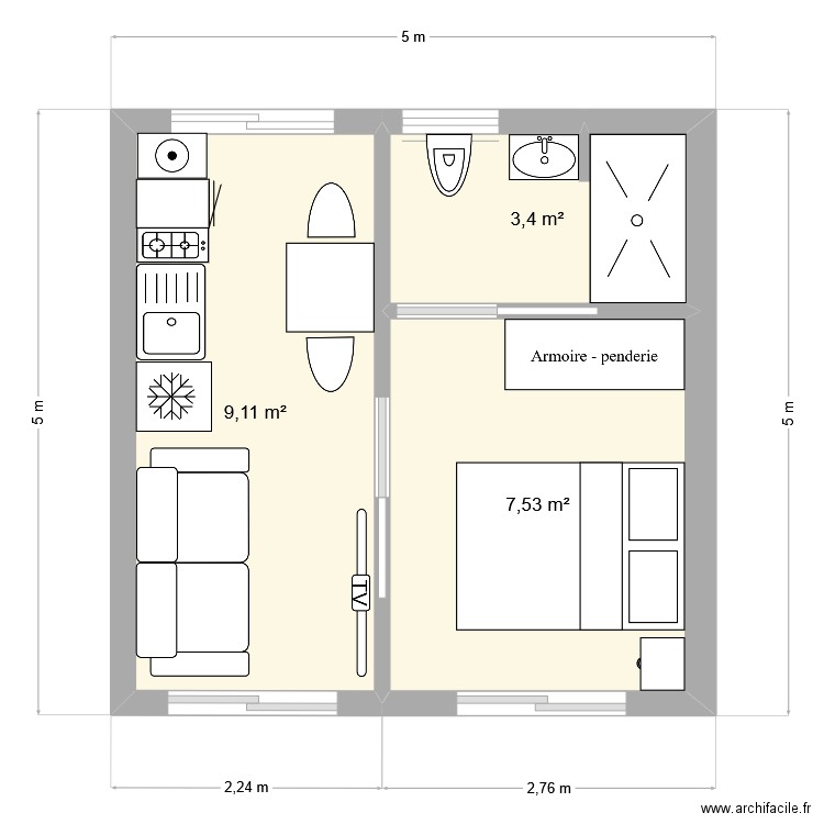 Bungalow1 - 25m2. Plan de 3 pièces et 20 m2