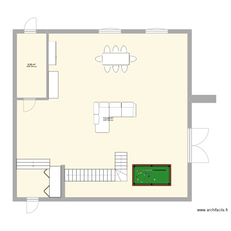 RDC Frazé. Plan de 2 pièces et 125 m2