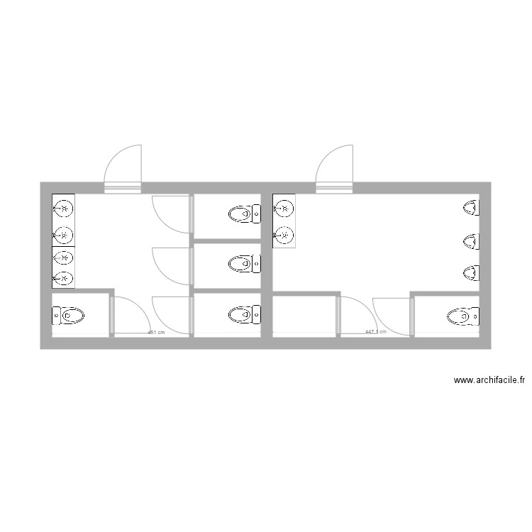 WC resto/theatre. Plan de 6 pièces et 27 m2
