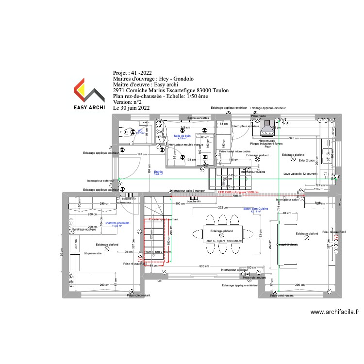 projet rez-de-chaussée Hey avec vue escalier rdj. Plan de 5 pièces et 67 m2