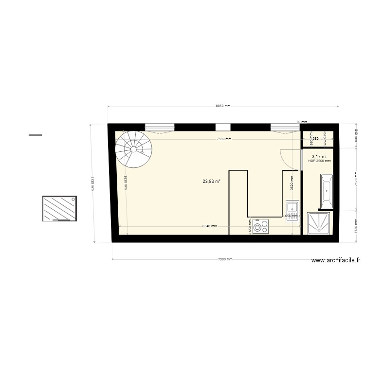 pavillon 1er étage 21. Plan de 2 pièces et 27 m2