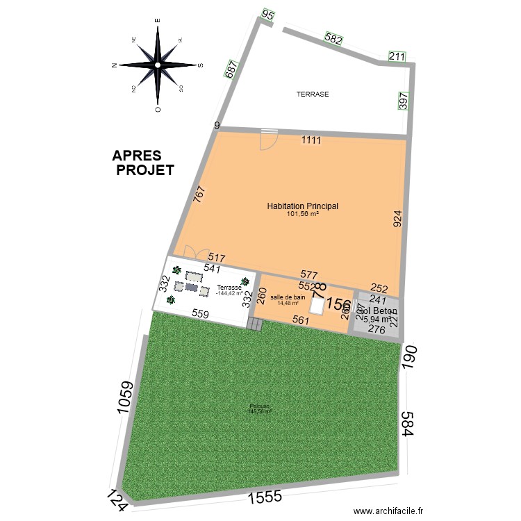 Masse Cadastre Apres projet OK. Plan de 4 pièces et 140 m2