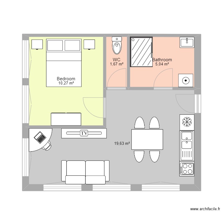 appartement T2. Plan de 4 pièces et 37 m2