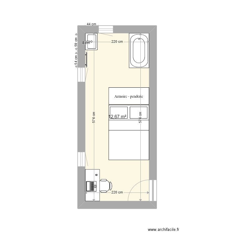 Malnati - plan chambre atelier v2 avec baignoire. Plan de 1 pièce et 13 m2