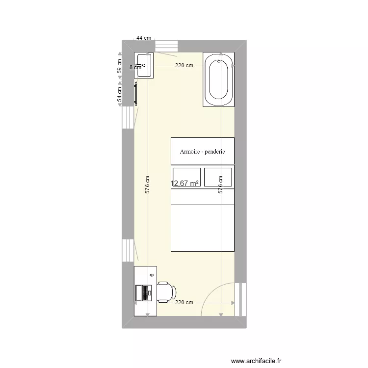 Malnati - plan chambre atelier v2 avec baignoire. Plan de 