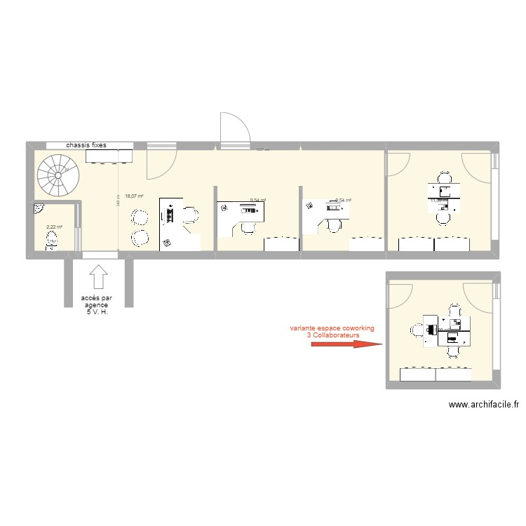 amenagement agence 3 VH 4 bureaux + Gestionnaire variante gain de lumière. Plan de 0 pièce et 0 m2