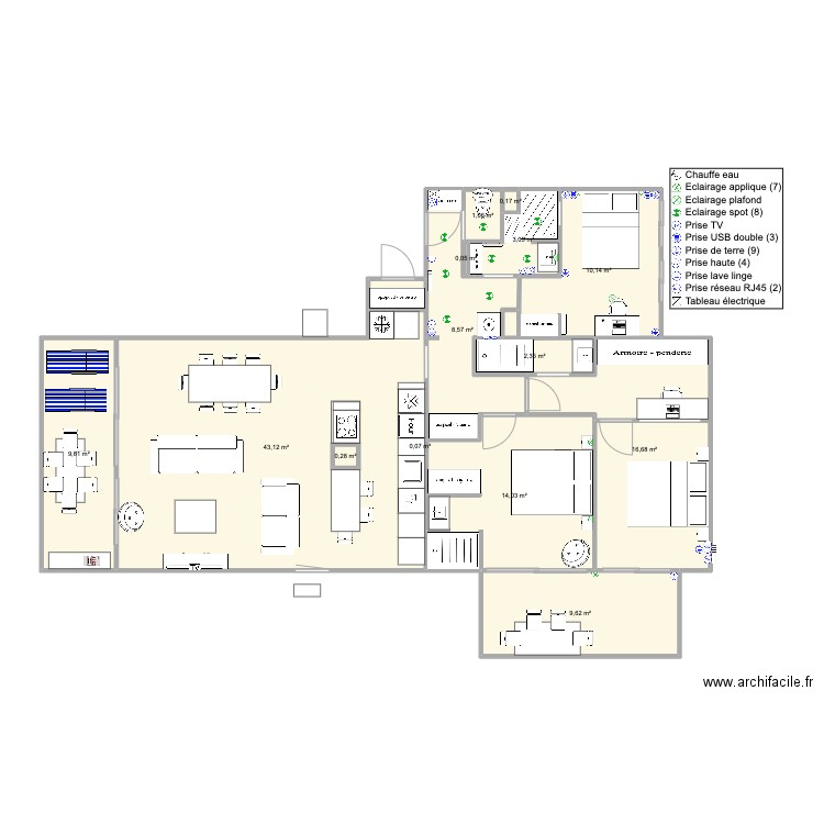 Santa Clara 2 face mer version famille V2. Plan de 14 pièces et 119 m2