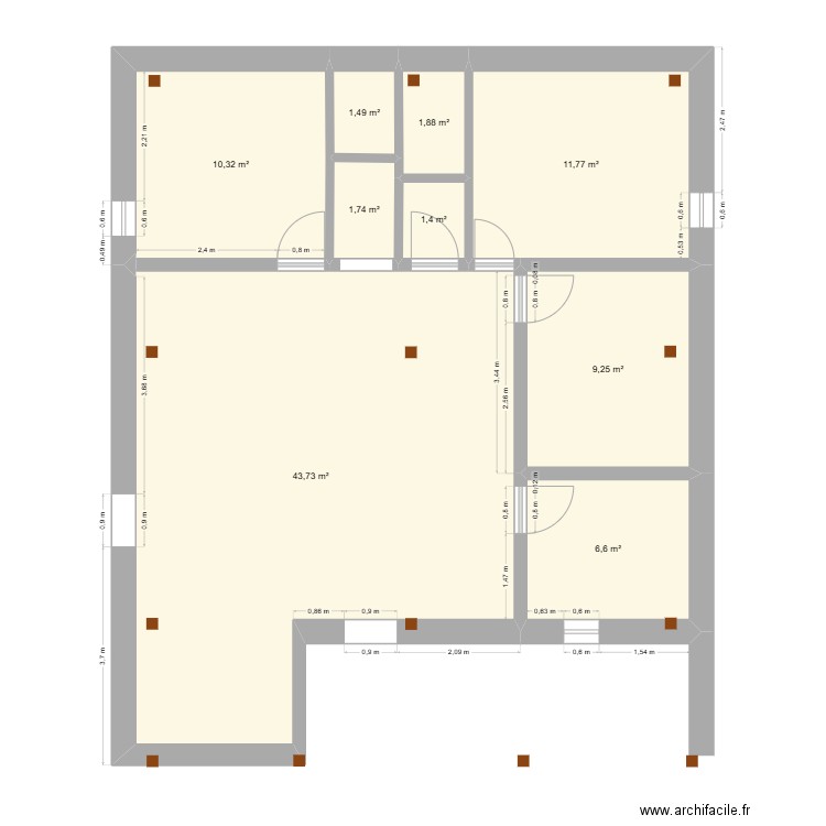 tunnel. Plan de 9 pièces et 88 m2