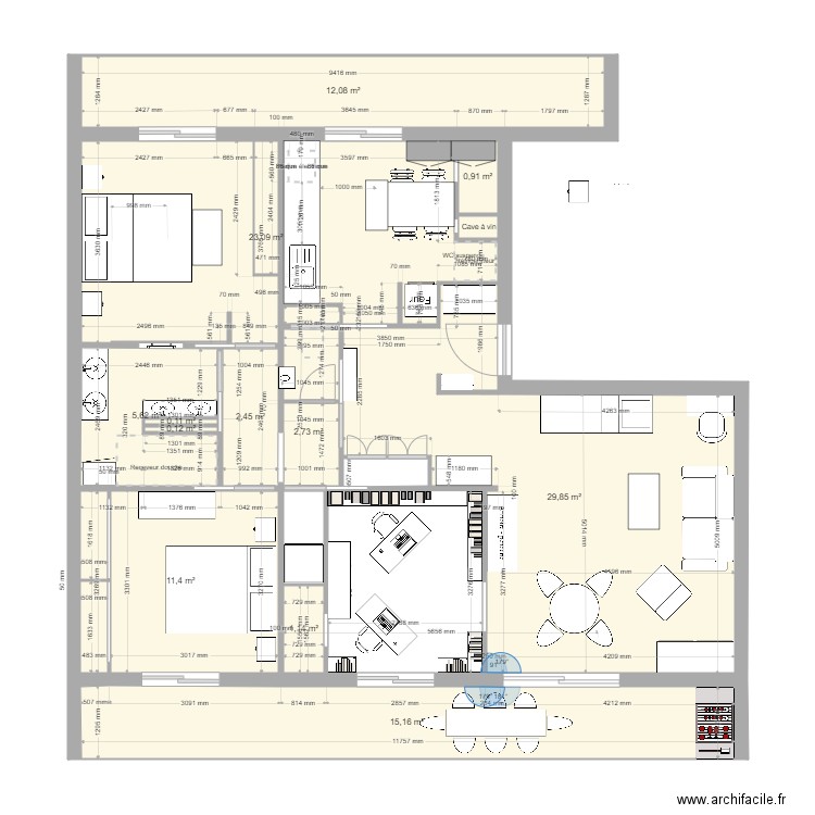 t4fino11. Plan de 13 pièces et 105 m2