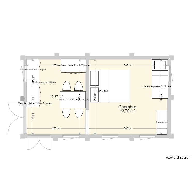 Tuani. Plan de 2 pièces et 24 m2