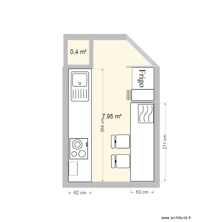 CUISINE CAROLE avec dimensions plan de travail. Plan de 2 pièces et 8 m2