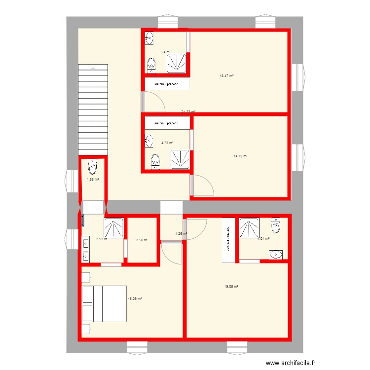 partie nuit avec murs bloqués et fenetres suite. Plan de 0 pièce et 0 m2