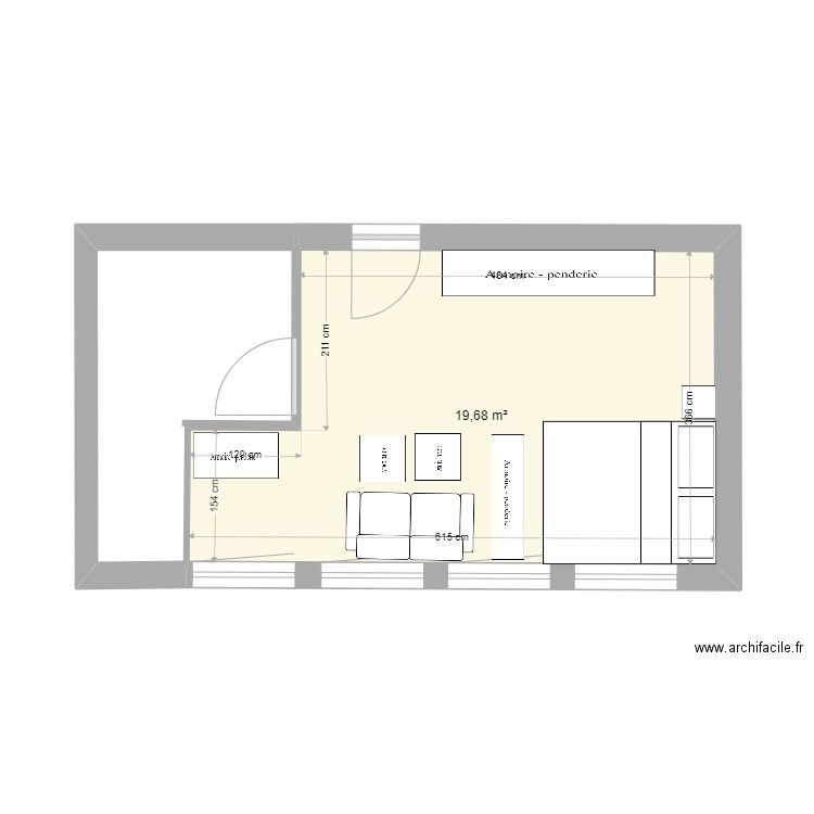 Chambre et sdb. Plan de 1 pièce et 20 m2