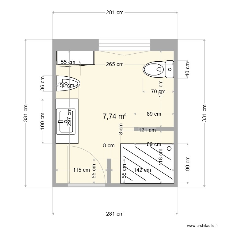 Salle de bain. Plan de 1 pièce et 8 m2