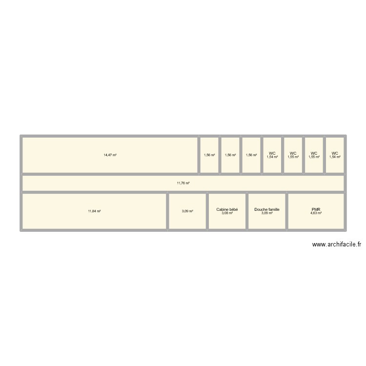 toilette. Plan de 14 pièces et 63 m2