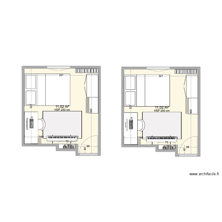 chambre zac. Plan de 2 pièces et 22 m2