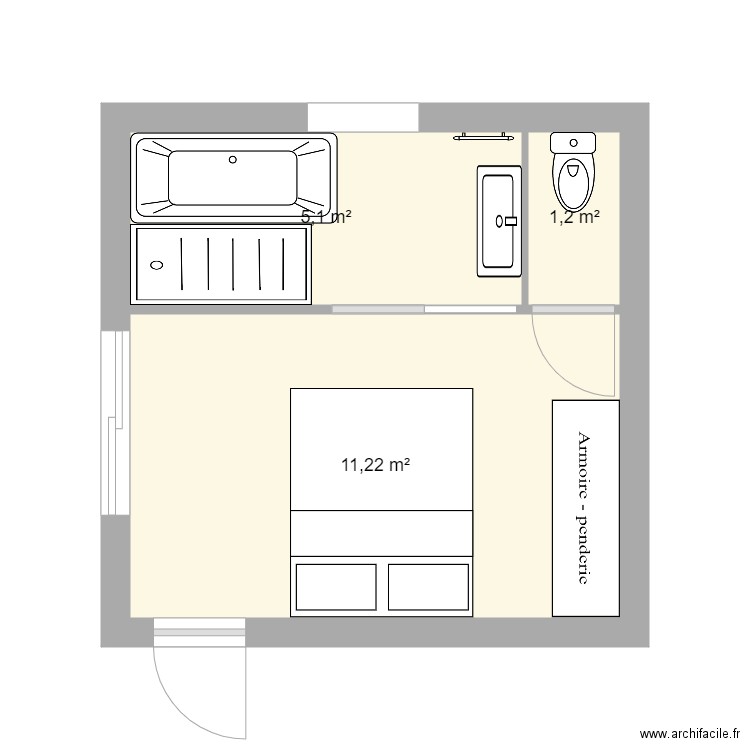 chmbre et sdb v3. Plan de 3 pièces et 18 m2