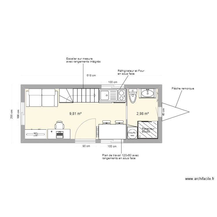 Plan Modele Mezzanine RDC V1. Plan de 2 pièces et 13 m2