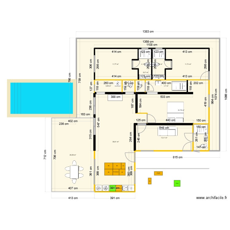 Popotte marc 1. Plan de 13 pièces et 178 m2