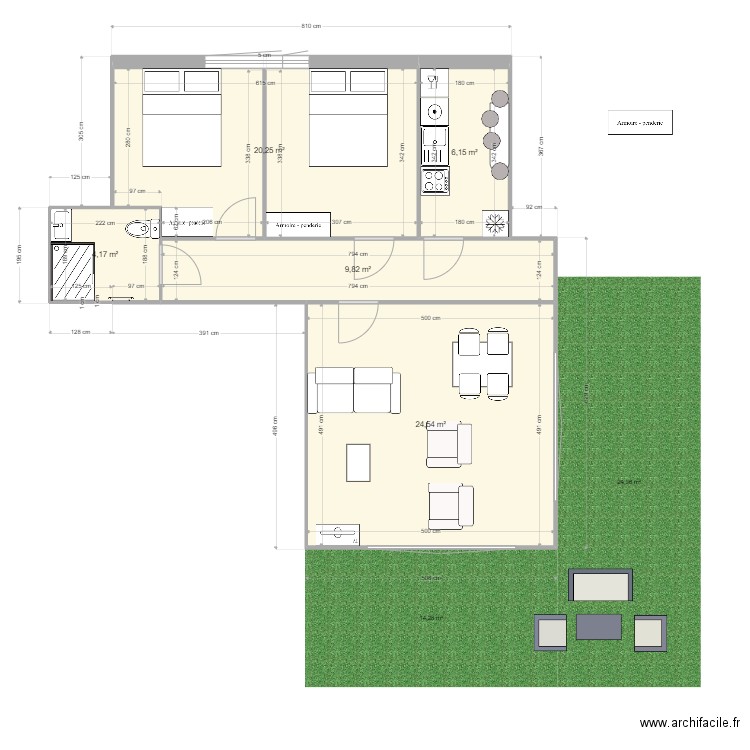 f3 violet. Plan de 5 pièces et 65 m2