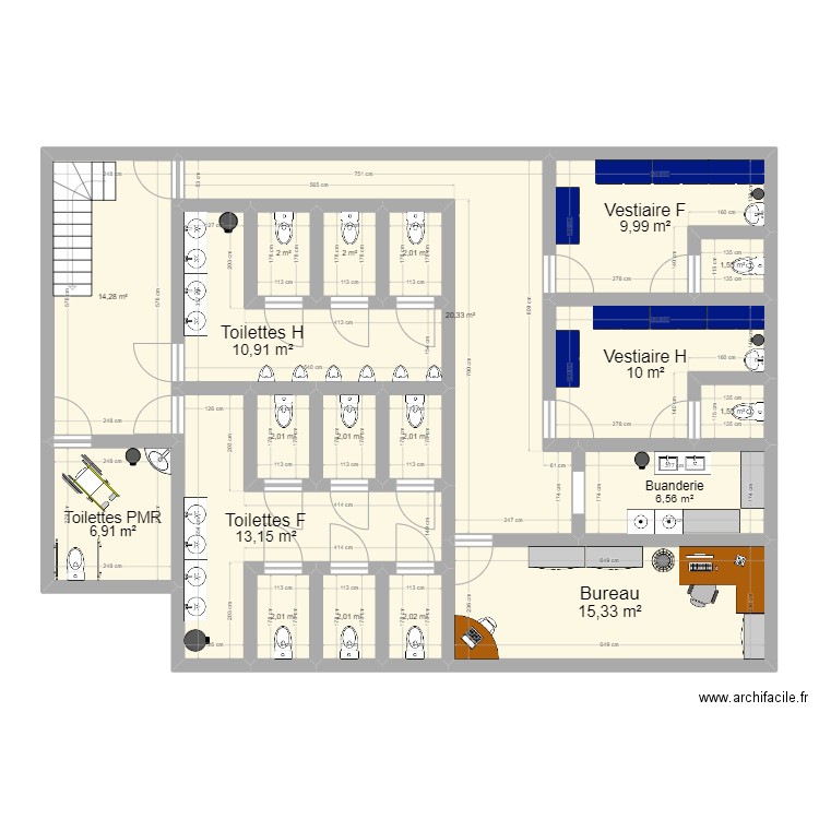 Sous Sol Delta. Plan de 20 pièces et 129 m2