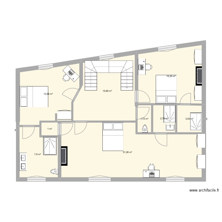 plan Dulud 2eme etage variante3. Plan de 9 pièces et 92 m2
