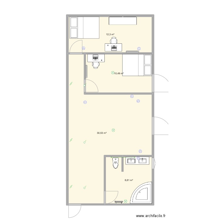ouvrants. Plan de 4 pièces et 62 m2