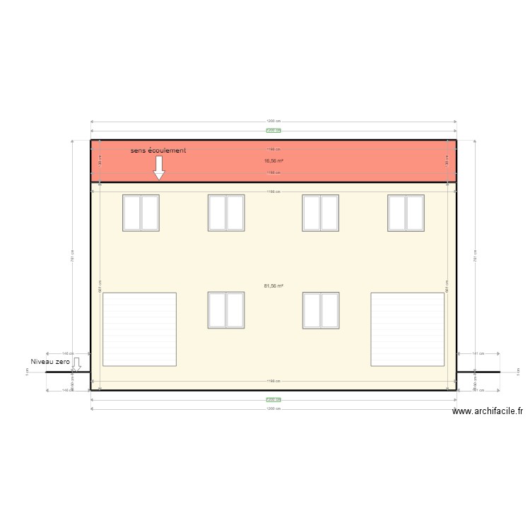 Façade Nord new. Plan de 2 pièces et 98 m2