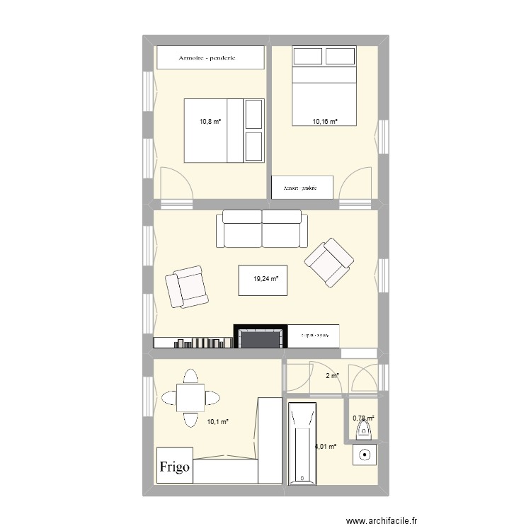 Idée aménagement. Plan de 7 pièces et 57 m2