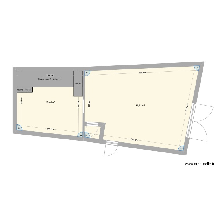 Réserve MDP. Plan de 2 pièces et 55 m2