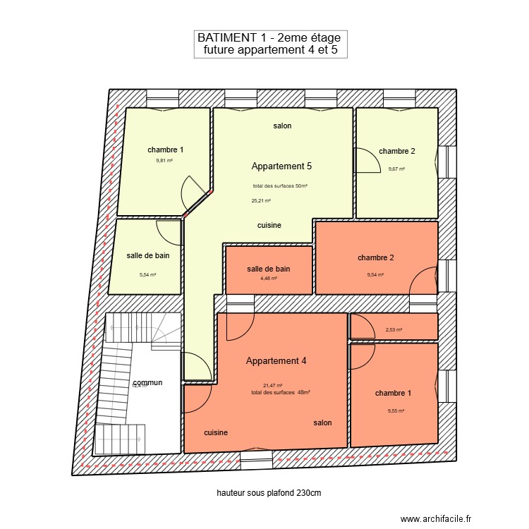 Bâtiment 1 aménagement 2er étage. Plan de 10 pièces et 110 m2