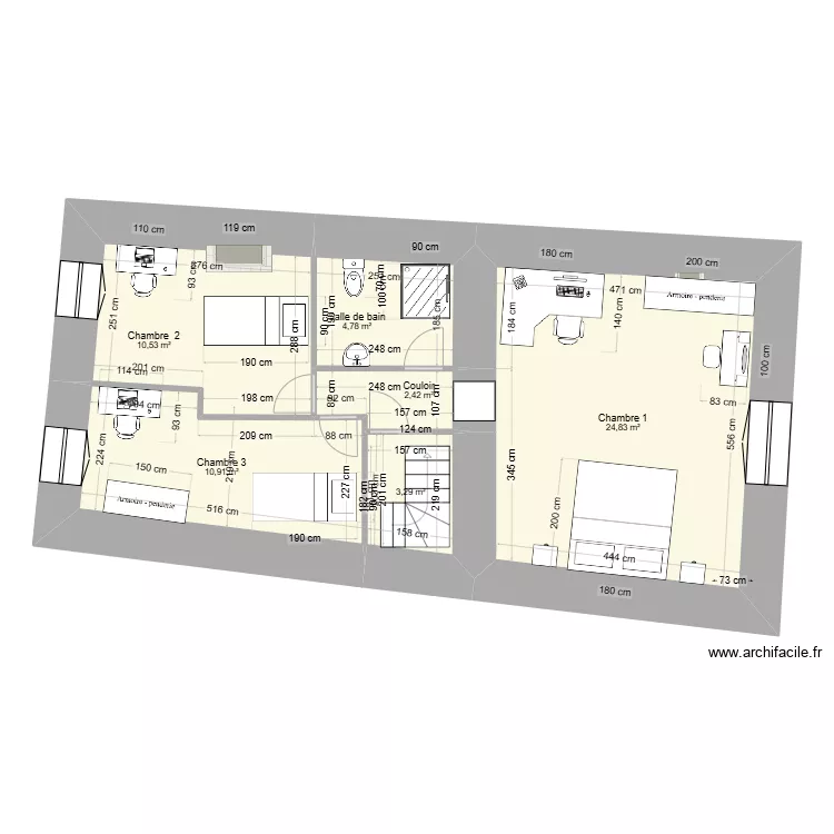 Maison etage 3 chambres. Plan de 