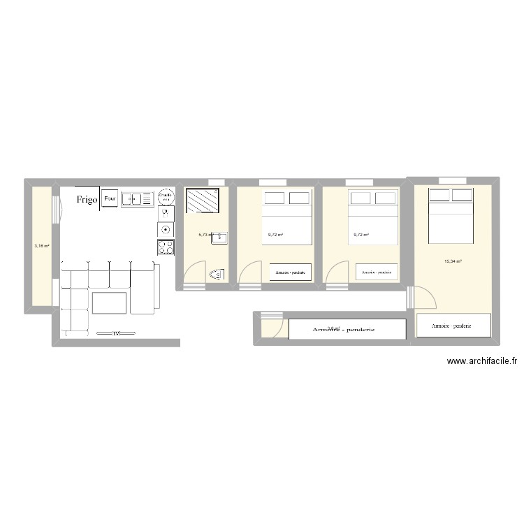 appart 1. Plan de 6 pièces et 47 m2