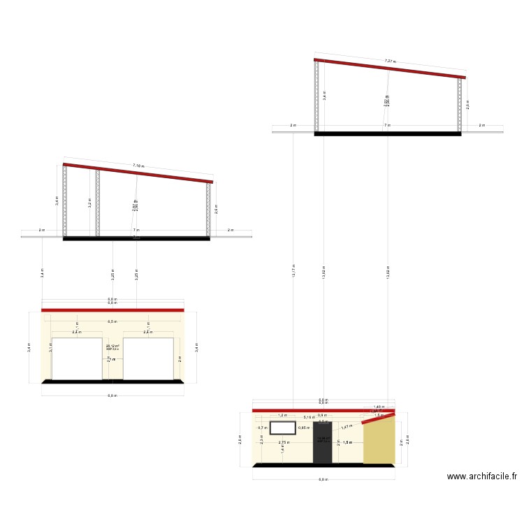 DPC3 Plan de coupe. Plan de 2 pièces et 35 m2