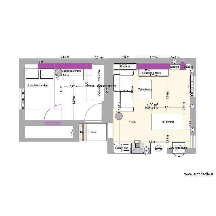 paris v2. Plan de 1 pièce et 14 m2