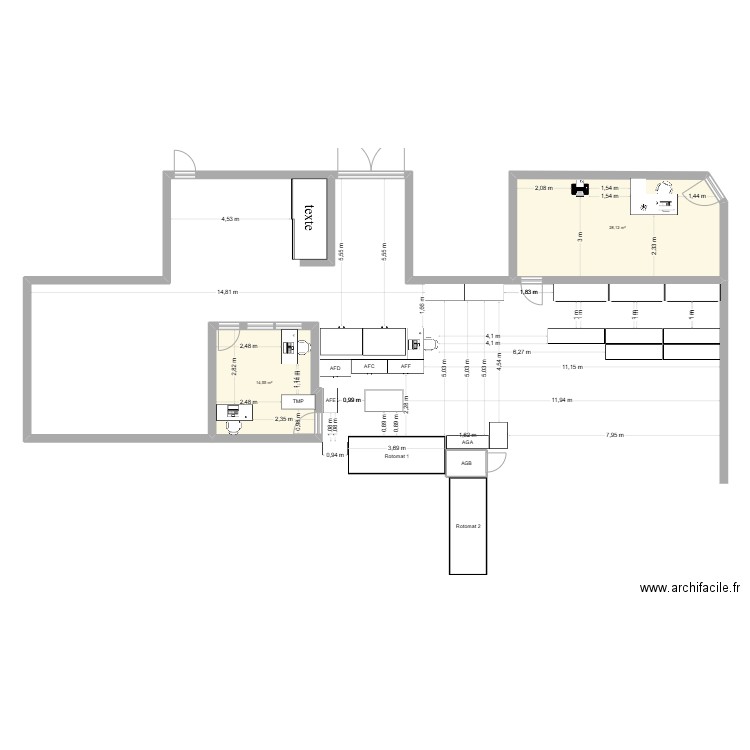atelier. Plan de 3 pièces et 44 m2
